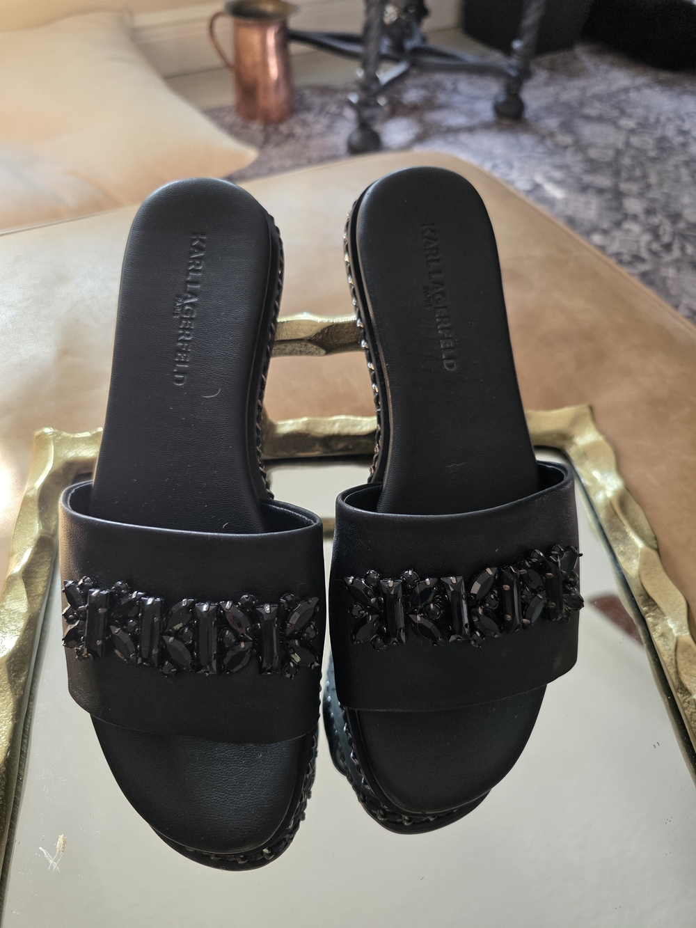Karl Lagerfeld Black Jeweled Slide Mules